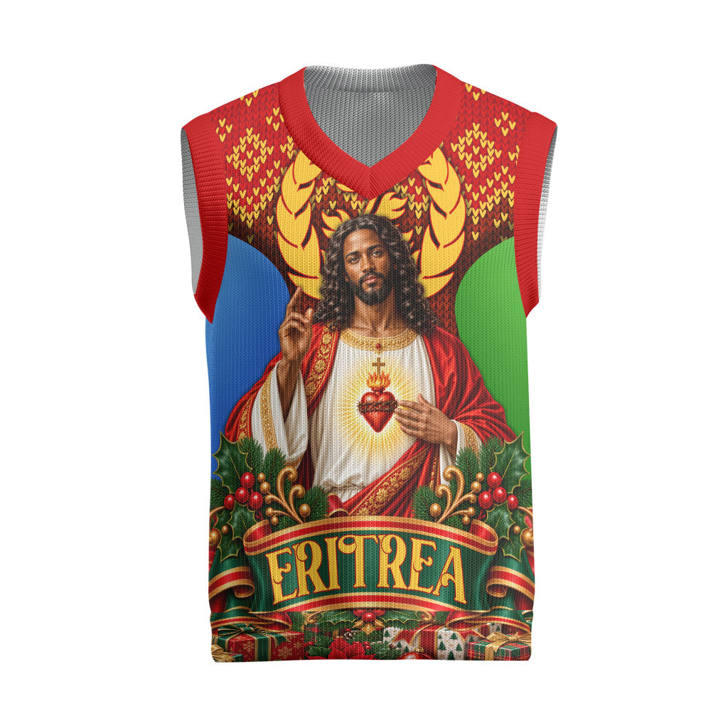 Personalized Eritrea Jesus Christmas Knitted V-Neck Vest Camel Emblem Ugly Pattern Festive Holiday