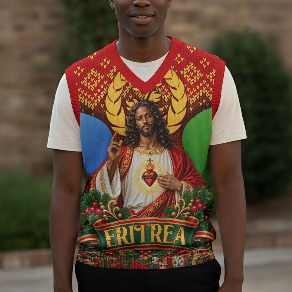 Personalized Eritrea Jesus Christmas Knitted V-Neck Vest Camel Emblem Ugly Pattern Festive Holiday