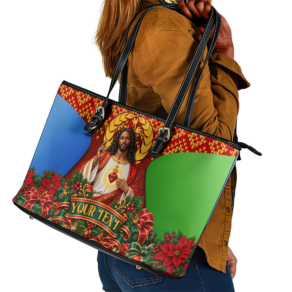 Personalized Eritrea Jesus Christmas Leather Tote Bag Camel Emblem Ugly Pattern Festive Holiday