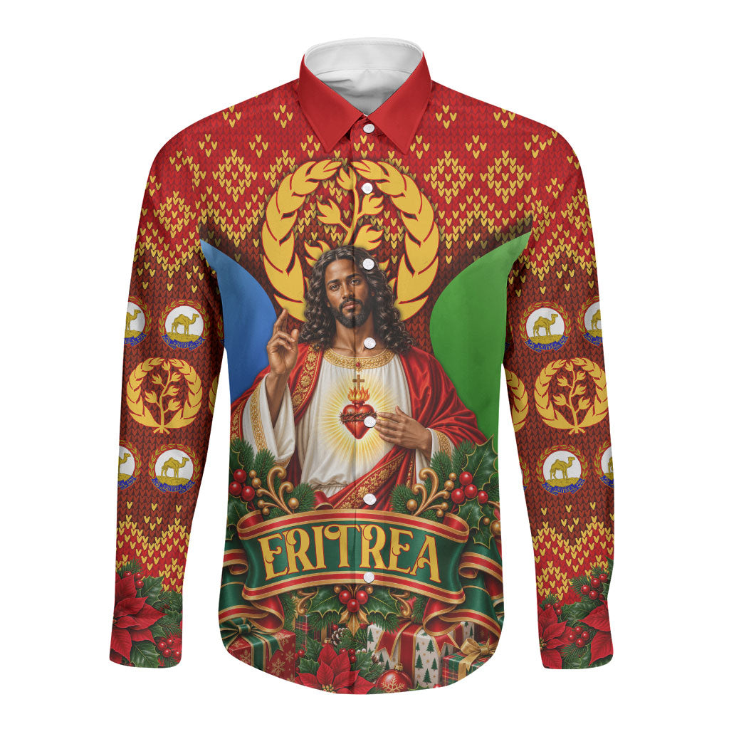 Personalized Eritrea Jesus Christmas Long Sleeve Button Shirt Camel Emblem Ugly Pattern Festive Holiday