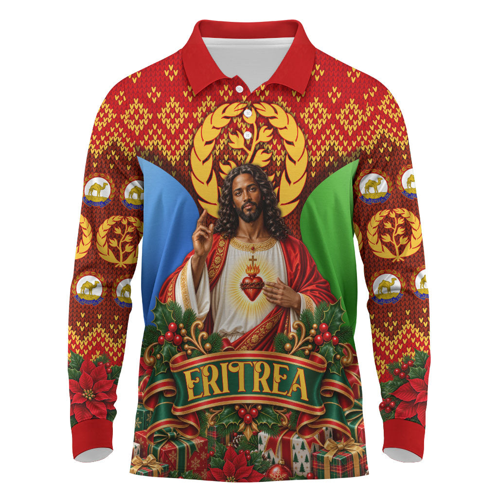 Personalized Eritrea Jesus Christmas Long Sleeve Polo Shirt Camel Emblem Ugly Pattern Festive Holiday