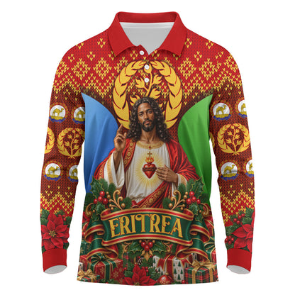 Personalized Eritrea Jesus Christmas Long Sleeve Polo Shirt Camel Emblem Ugly Pattern Festive Holiday