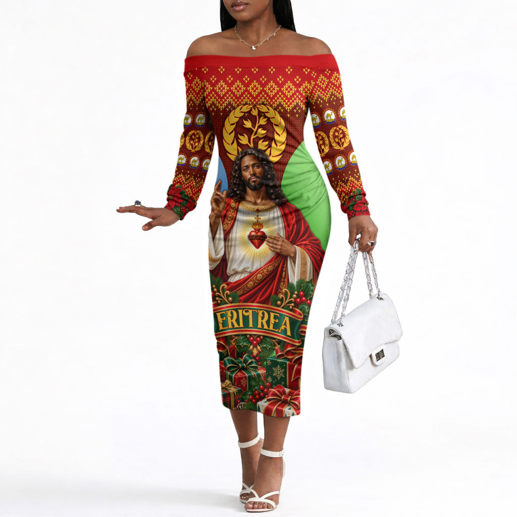 Personalized Eritrea Jesus Christmas Off The Shoulder Long Sleeve Dress Camel Emblem Ugly Pattern Festive Holiday