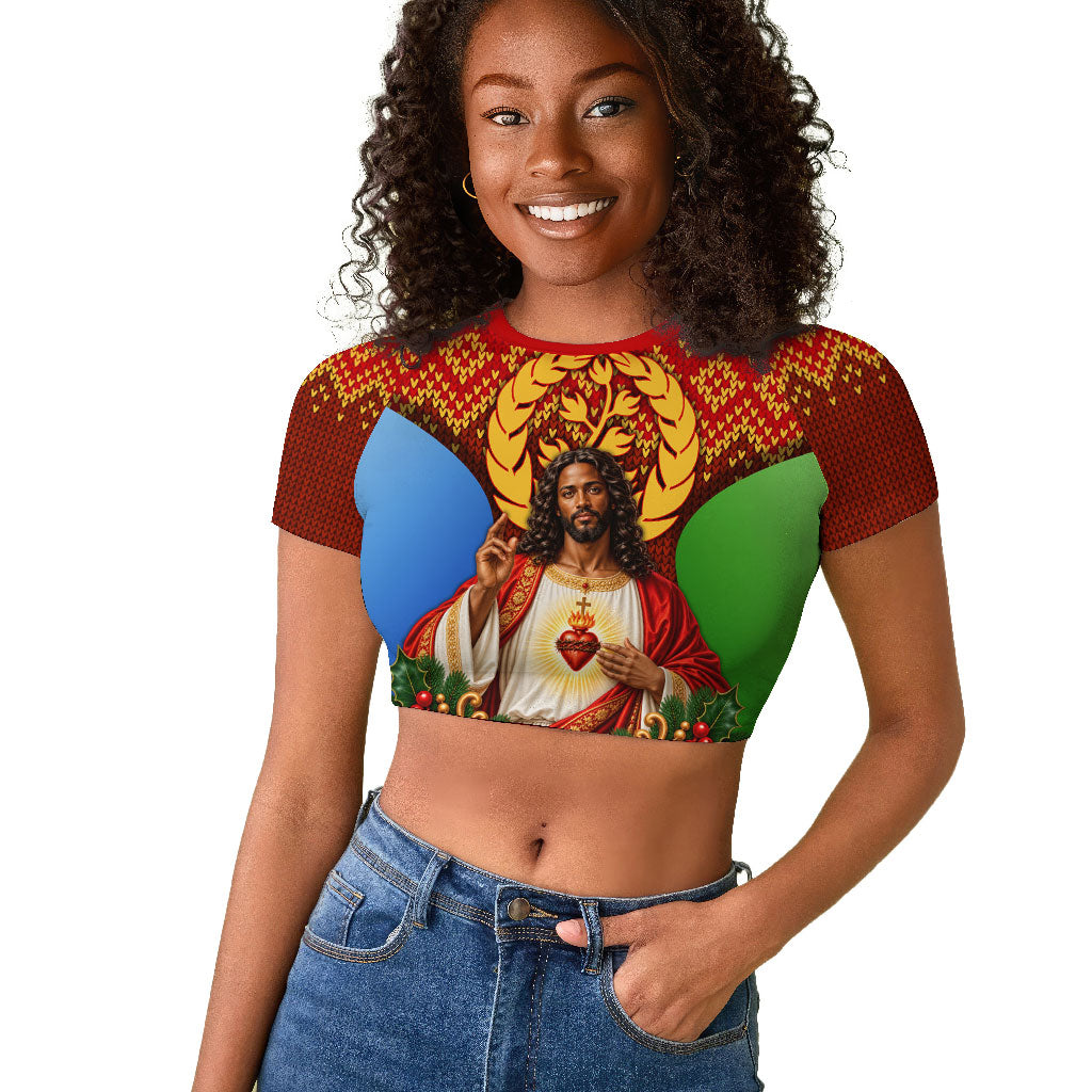 Personalized Eritrea Jesus Christmas Raglan Cropped T shirt Camel Emblem Ugly Pattern Festive Holiday