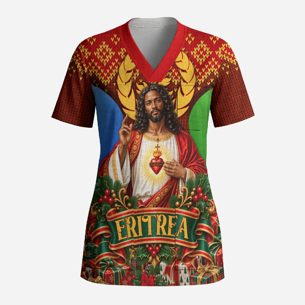 Personalized Eritrea Jesus Christmas Scrub Top Camel Emblem Ugly ...