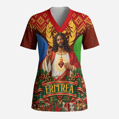 Personalized Eritrea Jesus Christmas Scrub Top Camel Emblem Ugly Pattern Festive Holiday