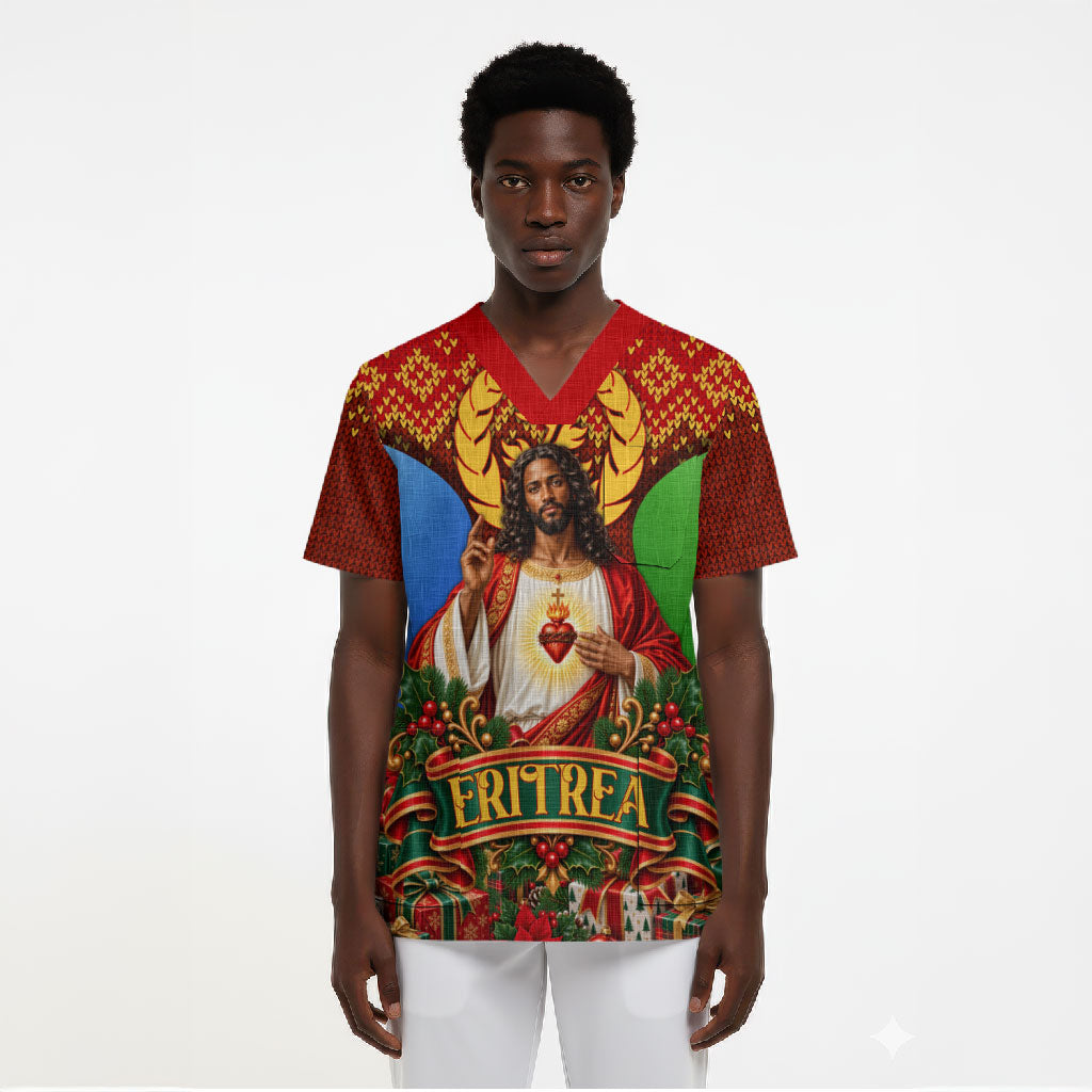 Personalized Eritrea Jesus Christmas Scrub Top Camel Emblem Ugly Pattern Festive Holiday