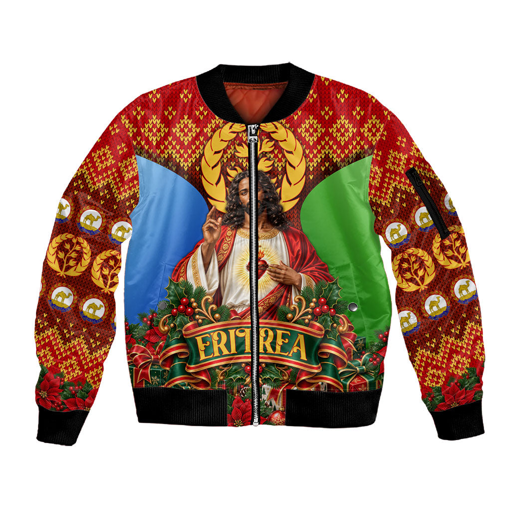 Personalized Eritrea Jesus Christmas Sleeve Zip Bomber Jacket Camel Emblem Ugly Pattern Festive Holiday