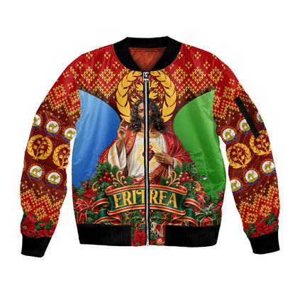 Personalized Eritrea Jesus Christmas Sleeve Zip Bomber Jacket Camel Emblem Ugly Pattern Festive Holiday