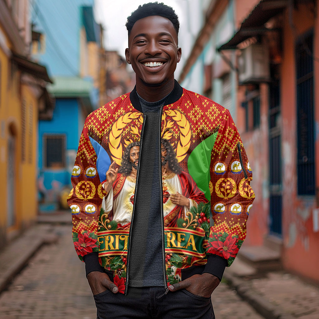 Personalized Eritrea Jesus Christmas Sleeve Zip Bomber Jacket Camel Emblem Ugly Pattern Festive Holiday