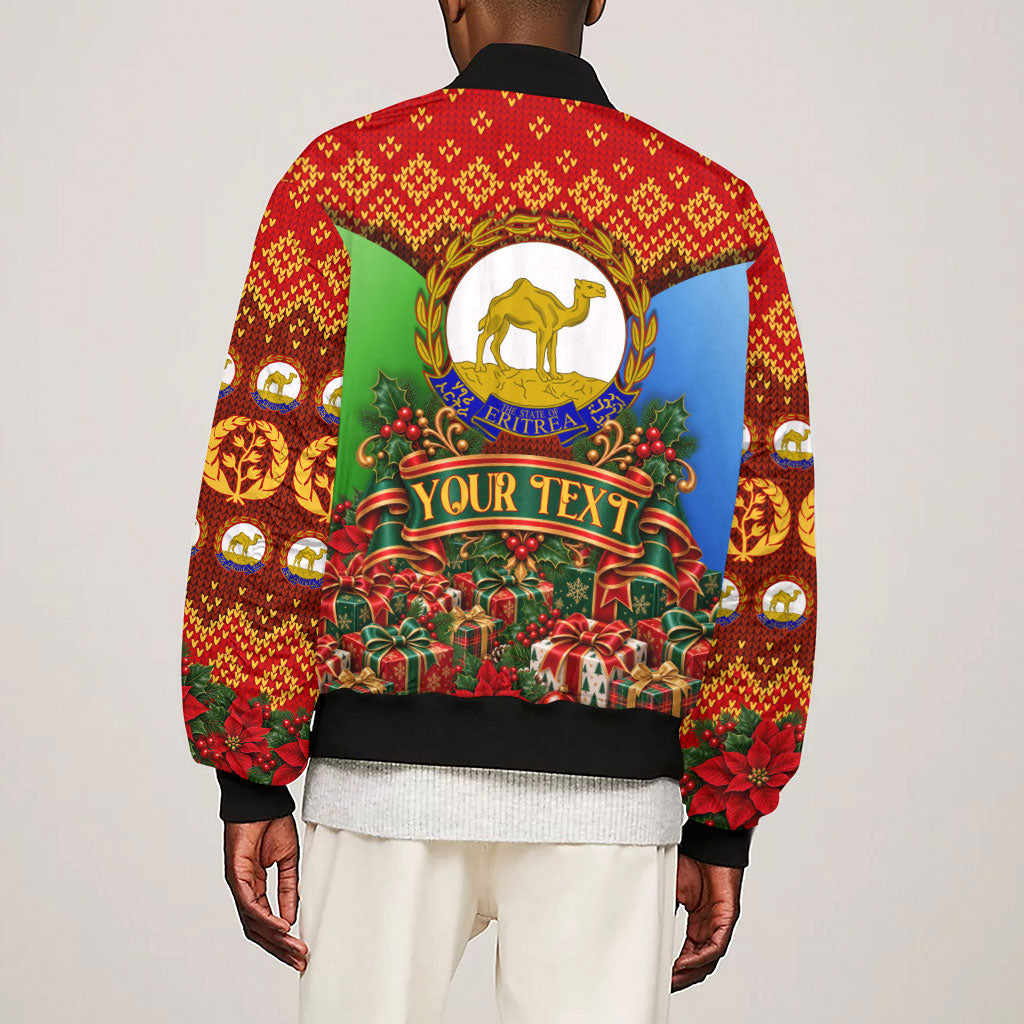 Personalized Eritrea Jesus Christmas Sleeve Zip Bomber Jacket Camel Emblem Ugly Pattern Festive Holiday