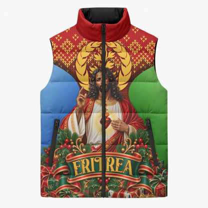 Personalized Eritrea Jesus Christmas Sleeveless Puffer Jacket Camel Emblem Ugly Pattern Festive Holiday