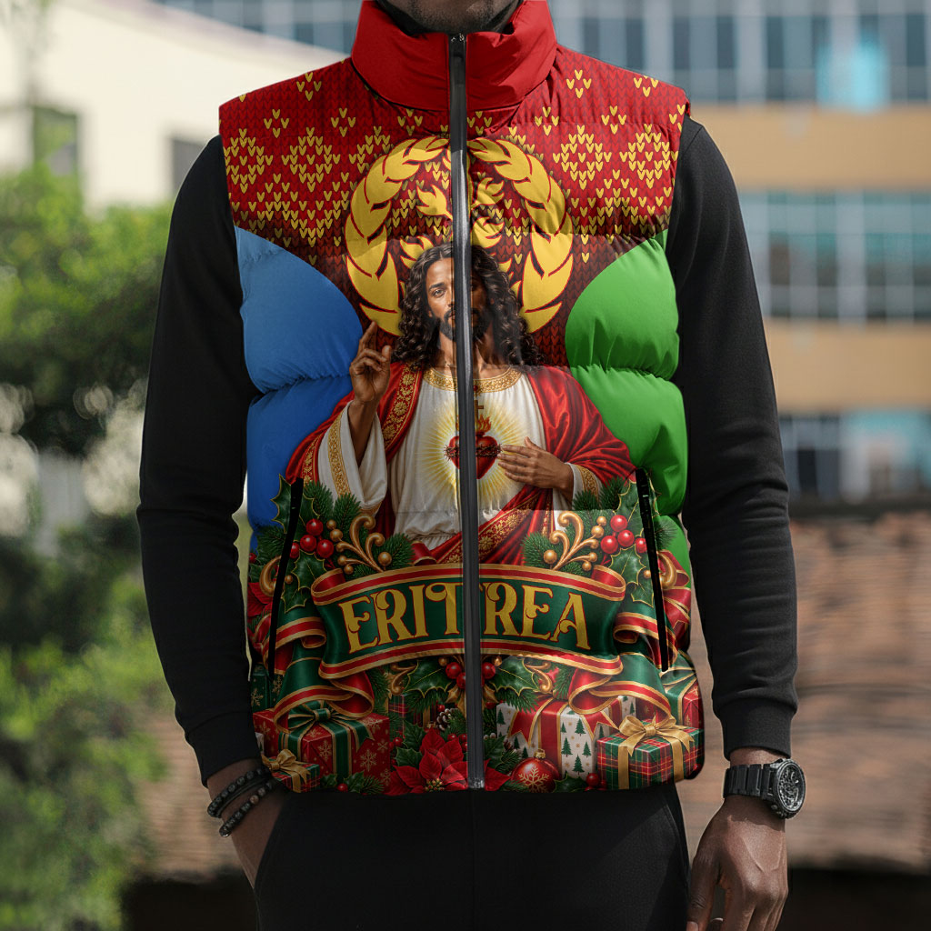 Personalized Eritrea Jesus Christmas Sleeveless Puffer Jacket Camel Emblem Ugly Pattern Festive Holiday