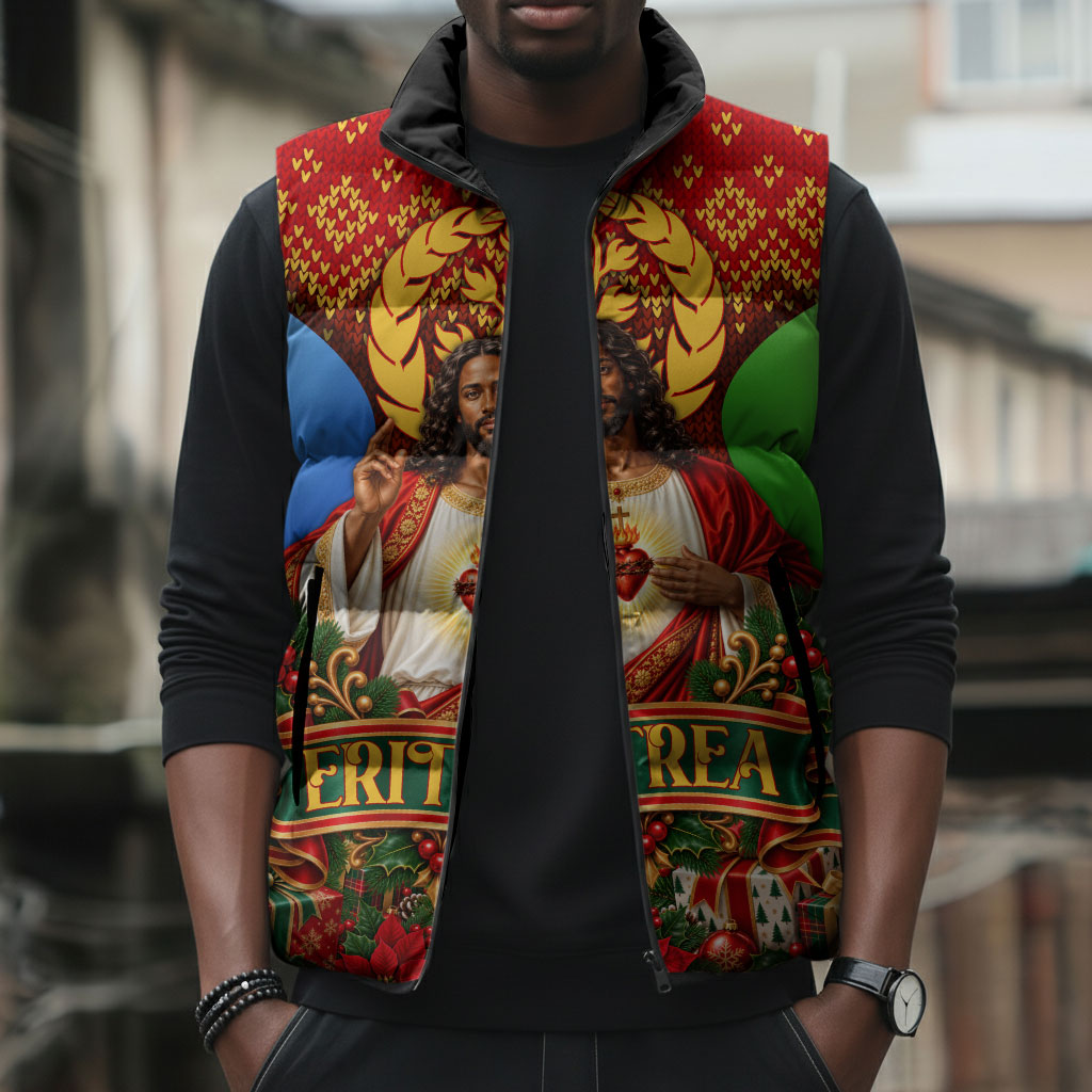 Personalized Eritrea Jesus Christmas Sleeveless Puffer Jacket Camel Emblem Ugly Pattern Festive Holiday