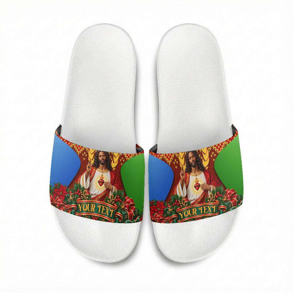 Personalized Eritrea Jesus Christmas Slide Sandals Camel Emblem Ugly Pattern Festive Holiday
