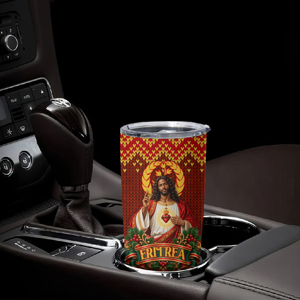 Personalized Eritrea Jesus Christmas Tumbler Cup Camel Emblem Ugly Pattern Festive Holiday