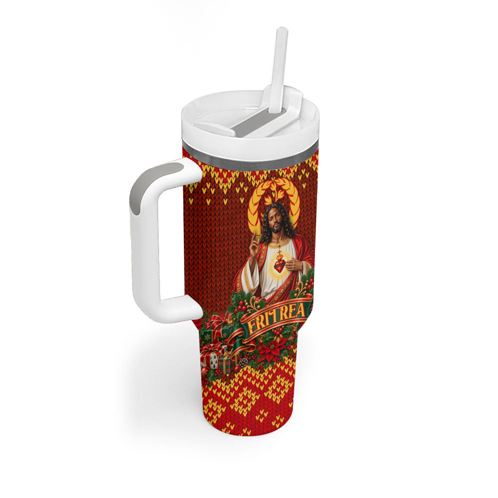 Personalized Eritrea Jesus Christmas Tumbler With Handle Camel Emblem Ugly Pattern Festive Holiday
