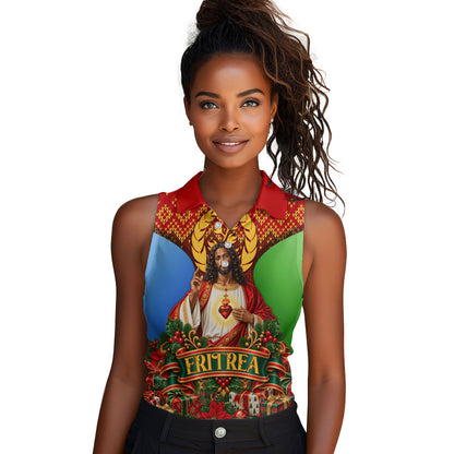 Personalized Eritrea Jesus Christmas Women Sleeveless Polo Shirt Camel Emblem Ugly Pattern Festive Holiday