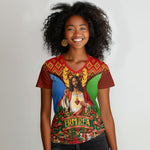 Personalized Eritrea Jesus Christmas Women V-Neck T-Shirt Camel Emblem Ugly Pattern Festive Holiday
