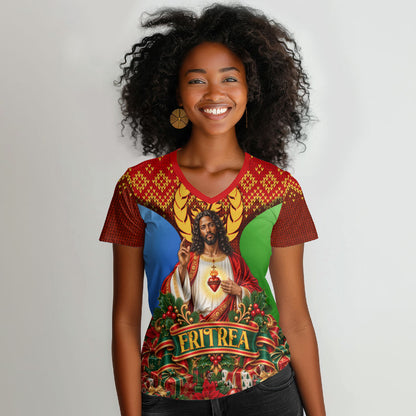 Personalized Eritrea Jesus Christmas Women V-Neck T-Shirt Camel Emblem Ugly Pattern Festive Holiday