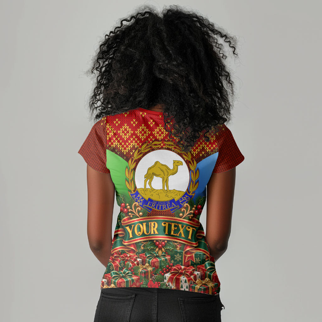 Personalized Eritrea Jesus Christmas Women V-Neck T-Shirt Camel Emblem Ugly Pattern Festive Holiday