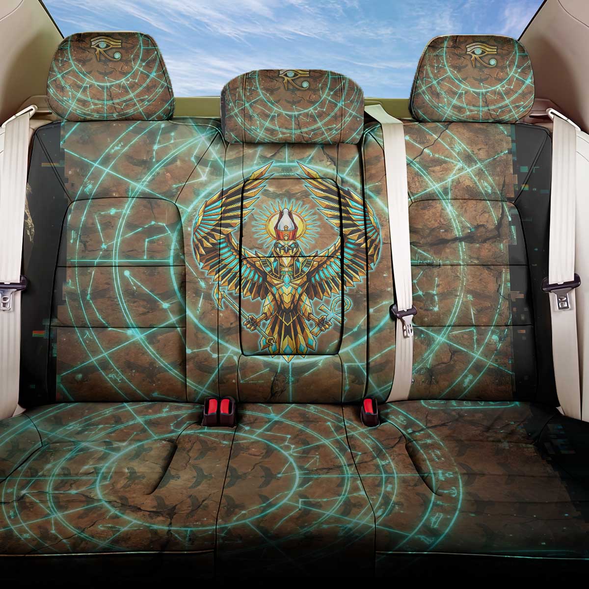 Horus Eye of Ra Back Car Seat Cover Golden Falcon Ancient Egyptian Symbol in Futuristic