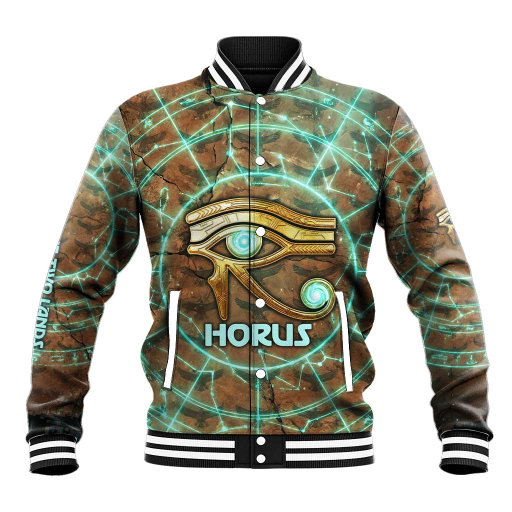 Horus Eye of Ra Baseball Jacket Golden Falcon Ancient Egyptian Symbol in Futuristic