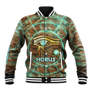 Horus Eye of Ra Baseball Jacket Golden Falcon Ancient Egyptian Symbol in Futuristic