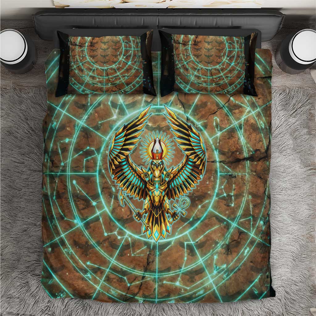 Horus Eye of Ra Bedding Set Golden Falcon Ancient Egyptian Symbol in Futuristic
