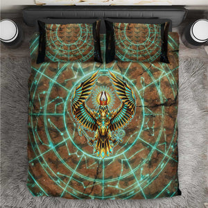Horus Eye of Ra Bedding Set Golden Falcon Ancient Egyptian Symbol in Futuristic