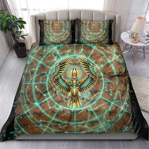 Horus Eye of Ra Bedding Set Golden Falcon Ancient Egyptian Symbol in Futuristic