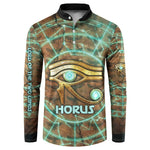 Horus Eye of Ra Button Sweatshirt Golden Falcon Ancient Egyptian Symbol in Futuristic