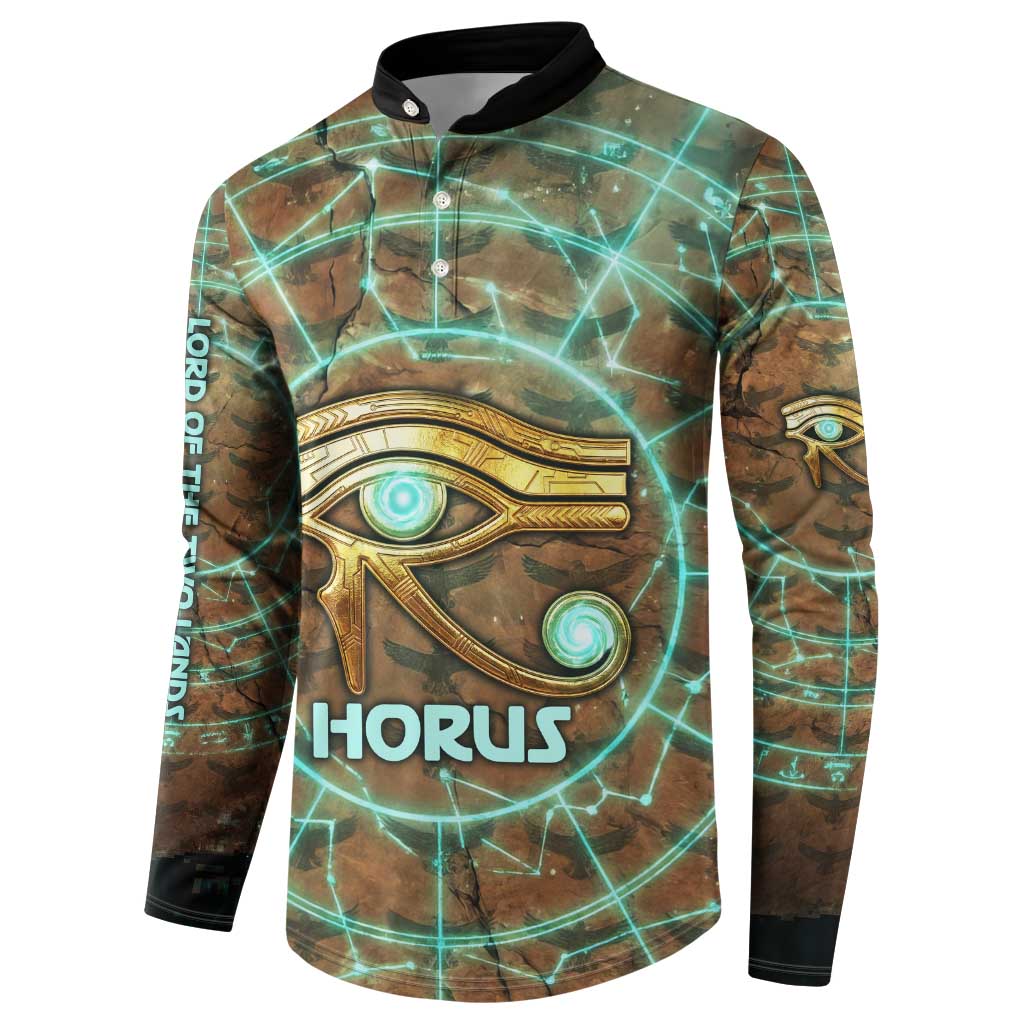 Horus Eye of Ra Button Sweatshirt Golden Falcon Ancient Egyptian Symbol in Futuristic