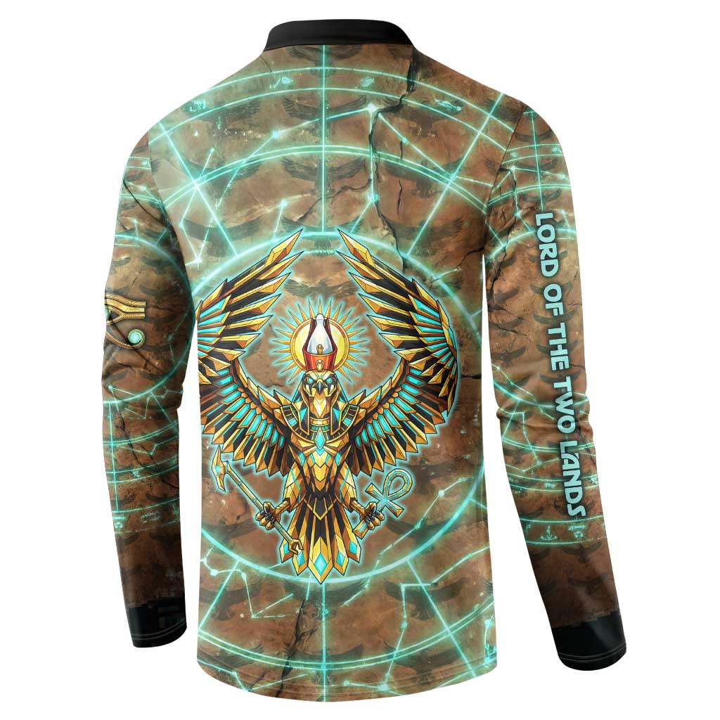 Horus Eye of Ra Button Sweatshirt Golden Falcon Ancient Egyptian Symbol in Futuristic