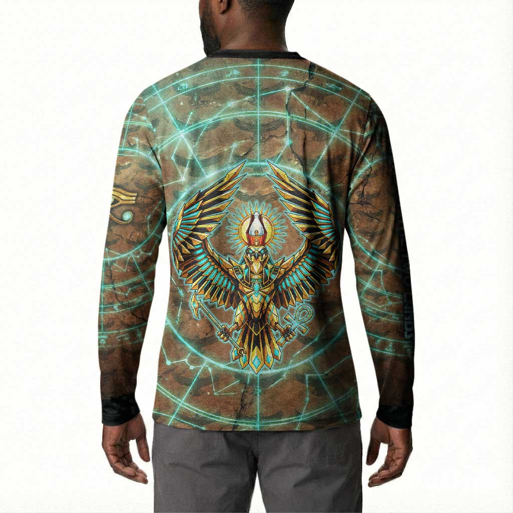 Horus Eye of Ra Button Sweatshirt Golden Falcon Ancient Egyptian Symbol in Futuristic