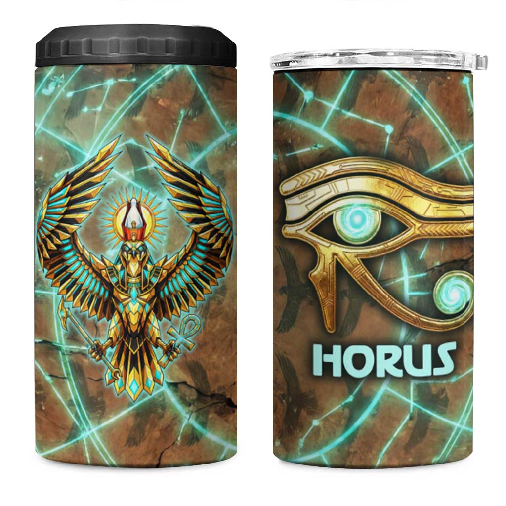 Horus Eye of Ra 4 in 1 Can Cooler Tumbler Golden Falcon Ancient Egyptian Symbol in Futuristic