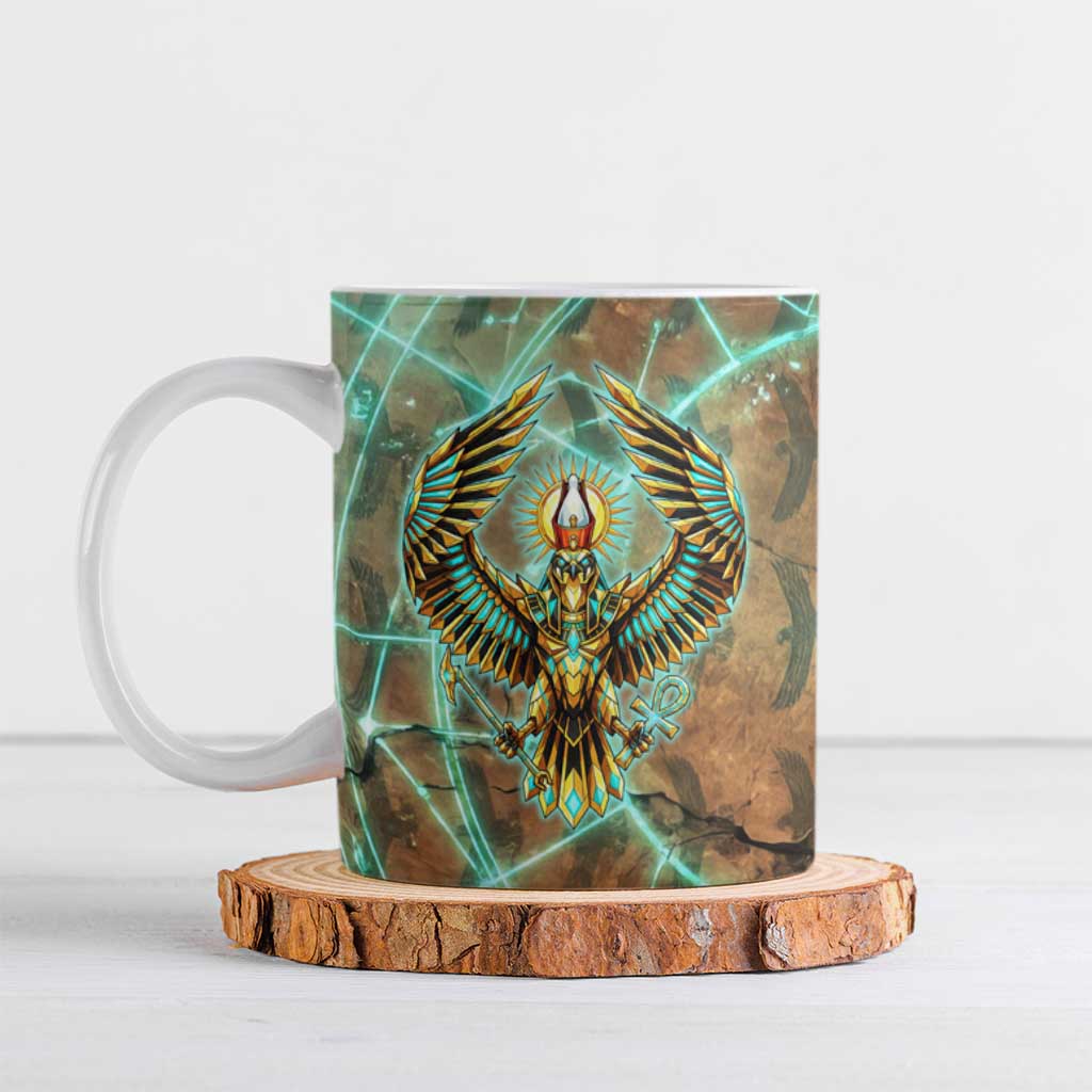 Horus Eye of Ra Ceramic Mug Golden Falcon Ancient Egyptian Symbol in Futuristic