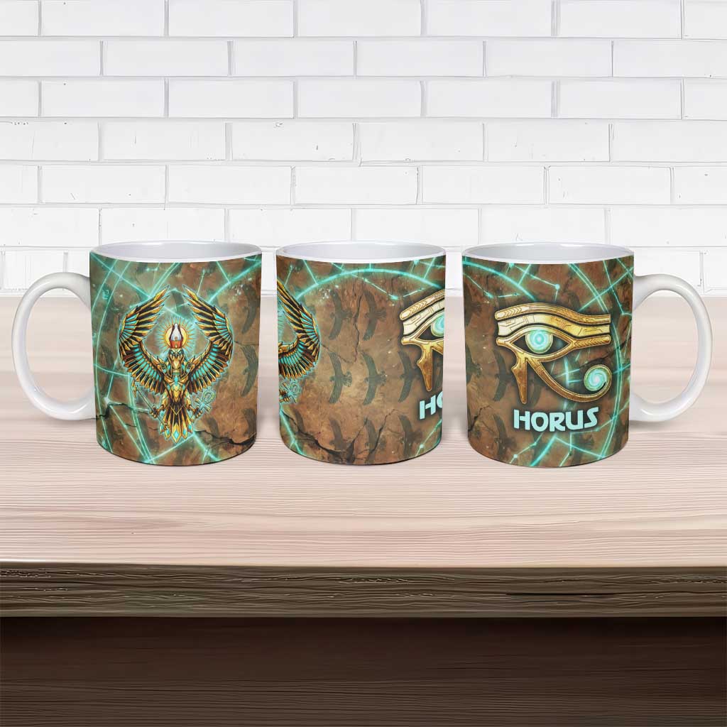 Horus Eye of Ra Ceramic Mug Golden Falcon Ancient Egyptian Symbol in Futuristic