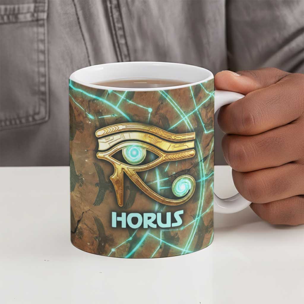 Horus Eye of Ra Ceramic Mug Golden Falcon Ancient Egyptian Symbol in Futuristic