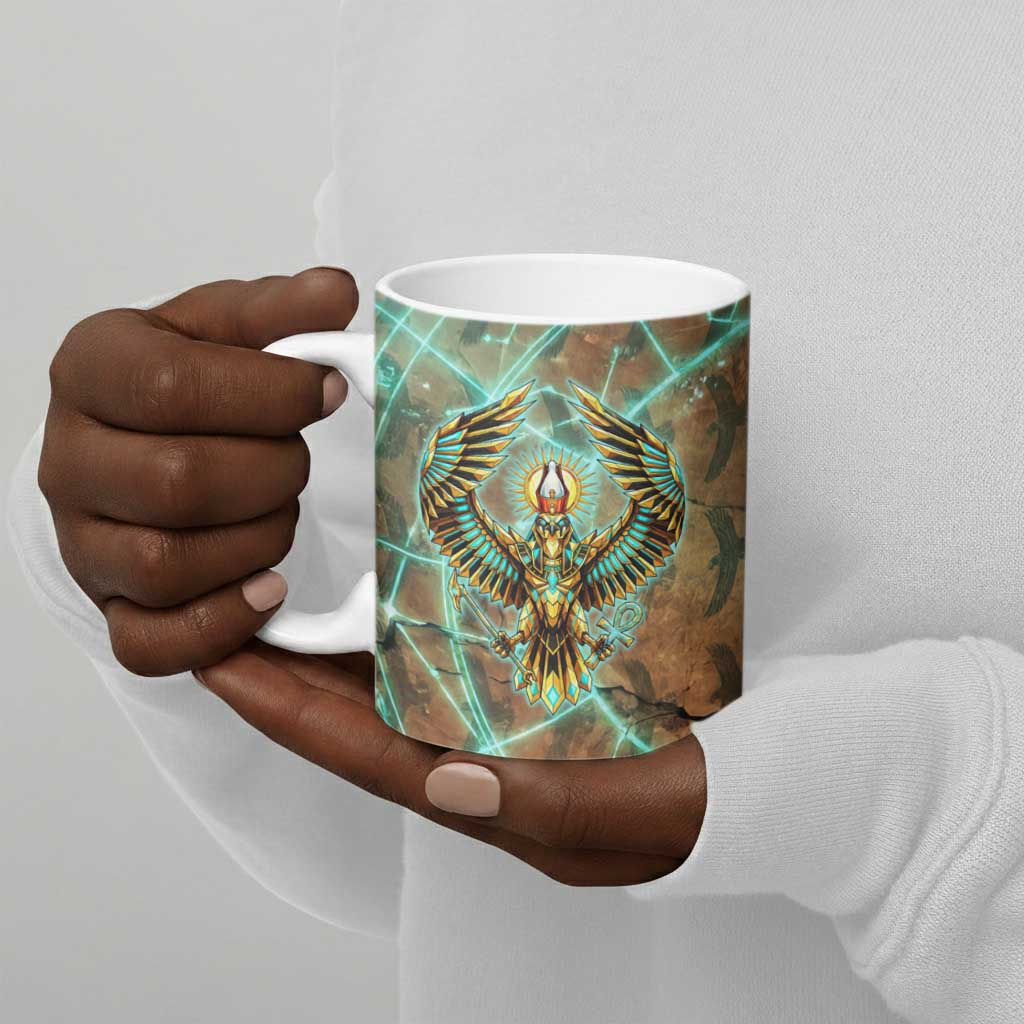 Horus Eye of Ra Ceramic Mug Golden Falcon Ancient Egyptian Symbol in Futuristic