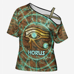 Horus Eye of Ra Cross Shoulder Shirt Golden Falcon Ancient Egyptian Symbol in Futuristic