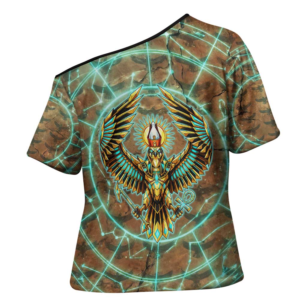 Horus Eye of Ra Cross Shoulder Shirt Golden Falcon Ancient Egyptian Symbol in Futuristic