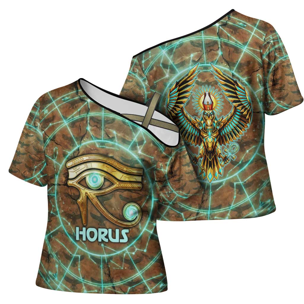 Horus Eye of Ra Cross Shoulder Shirt Golden Falcon Ancient Egyptian Symbol in Futuristic