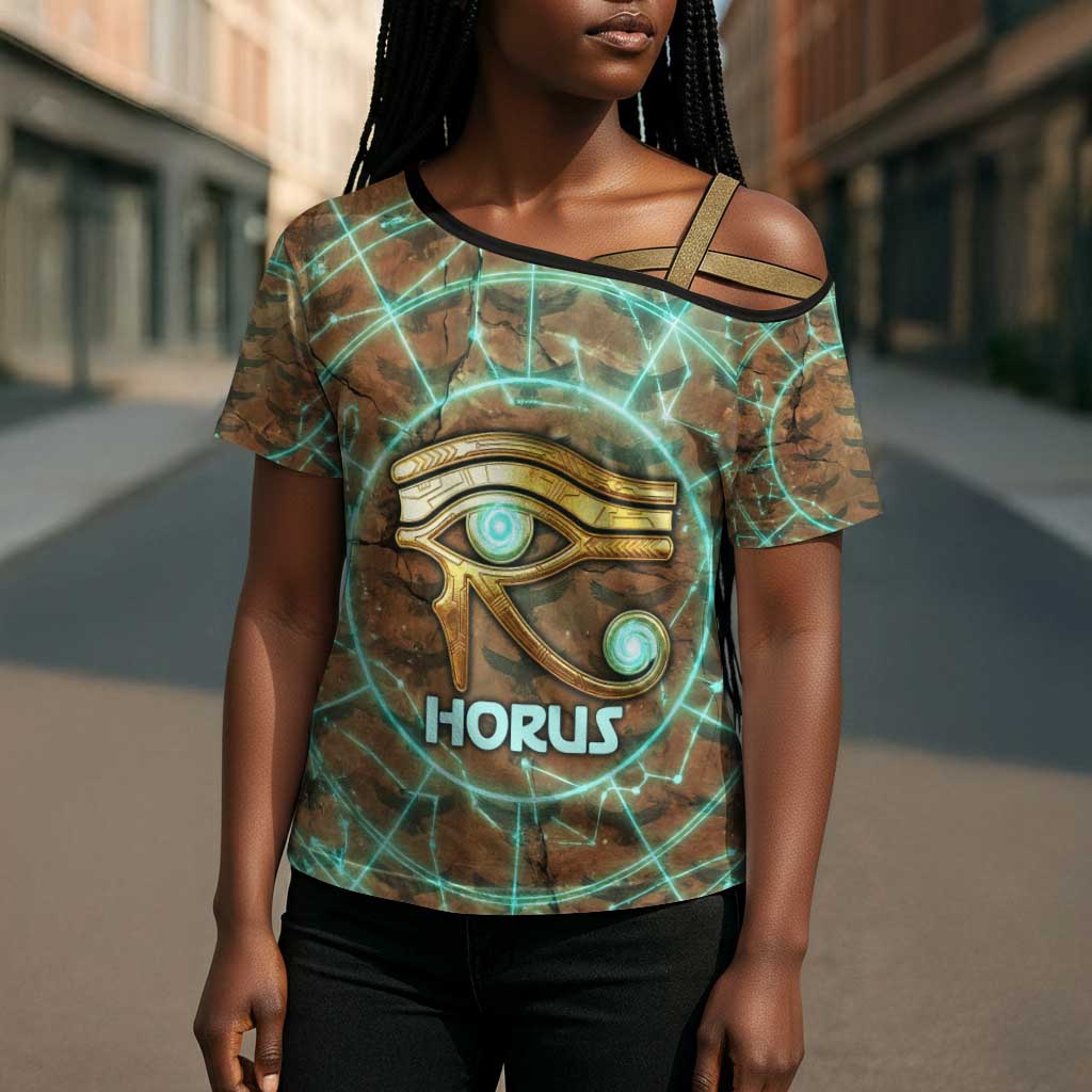 Horus Eye of Ra Cross Shoulder Shirt Golden Falcon Ancient Egyptian Symbol in Futuristic