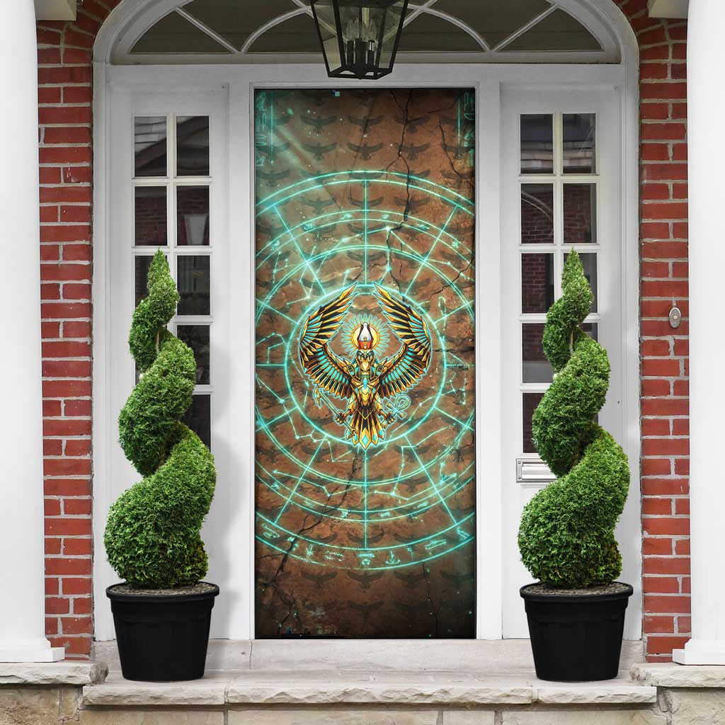 Horus Eye of Ra Door Cover Golden Falcon Ancient Egyptian Symbol in Futuristic