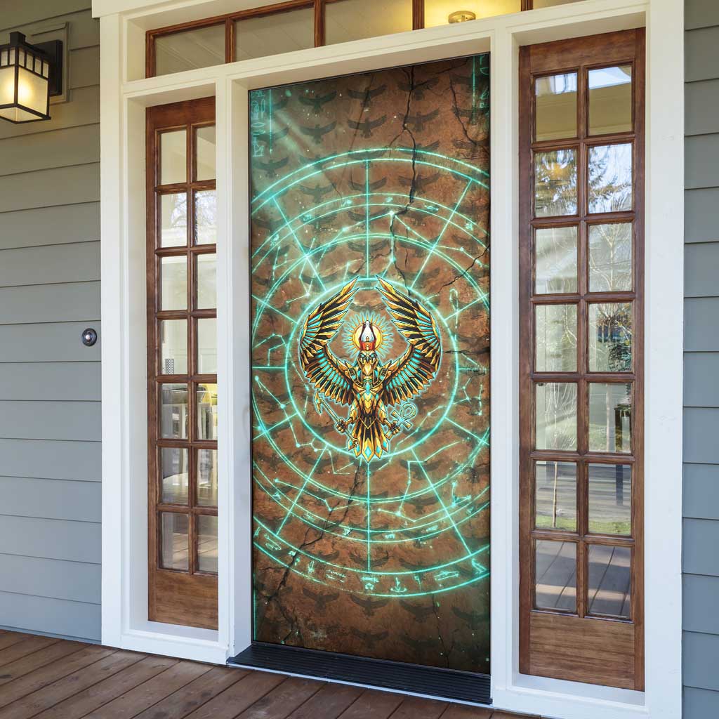 Horus Eye of Ra Door Cover Golden Falcon Ancient Egyptian Symbol in Futuristic