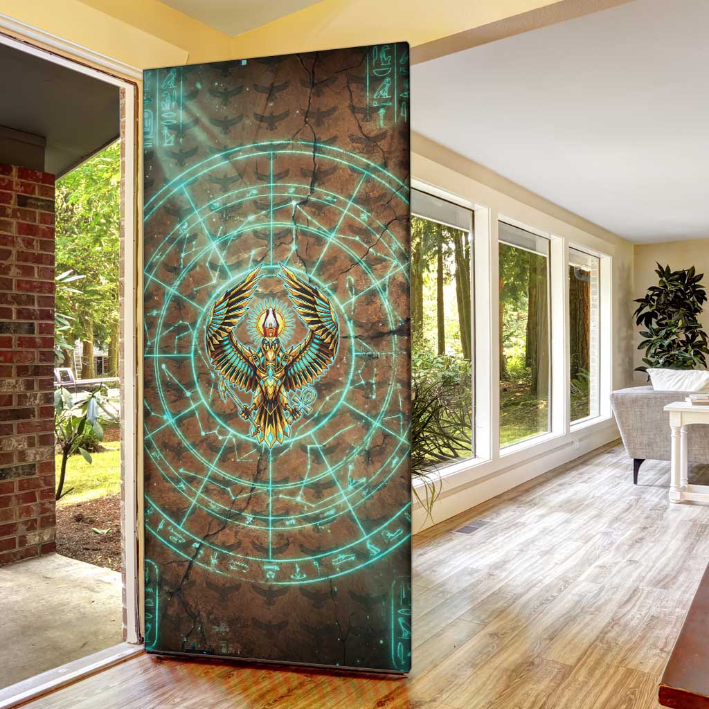 Horus Eye of Ra Door Cover Golden Falcon Ancient Egyptian Symbol in Futuristic
