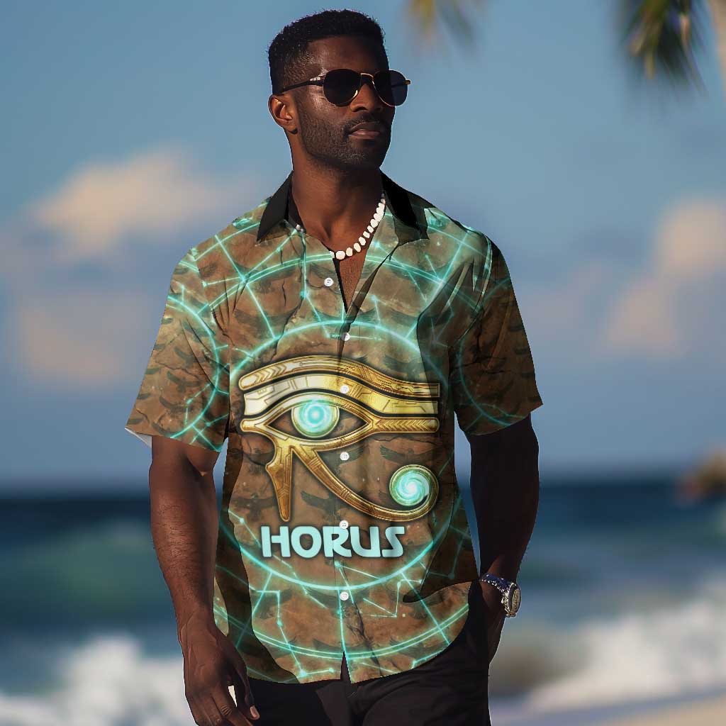 Horus Eye of Ra Hawaiian Shirt Golden Falcon Ancient Egyptian Symbol in Futuristic