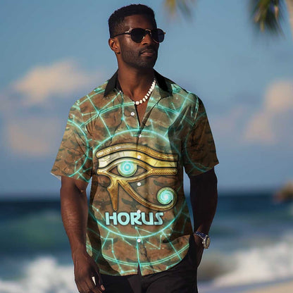 Horus Eye of Ra Hawaiian Shirt Golden Falcon Ancient Egyptian Symbol in Futuristic