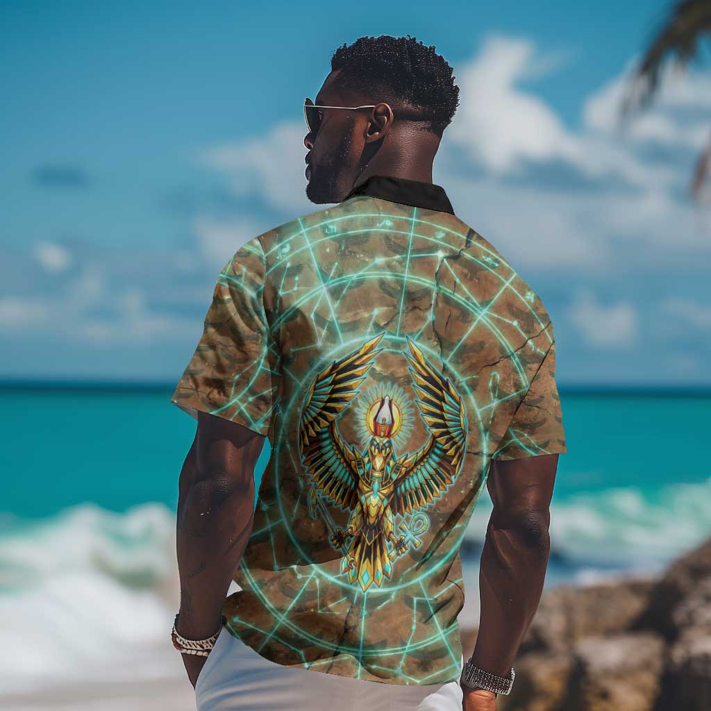 Horus Eye of Ra Hawaiian Shirt Golden Falcon Ancient Egyptian Symbol in Futuristic